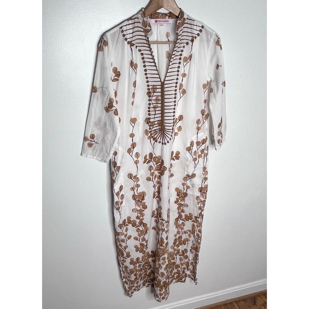 Tuckernuck Ro’s Garden Clorinda Kaftan Dress Leaf Sand Cotton XS Boho Midi - Picture 4 of 13